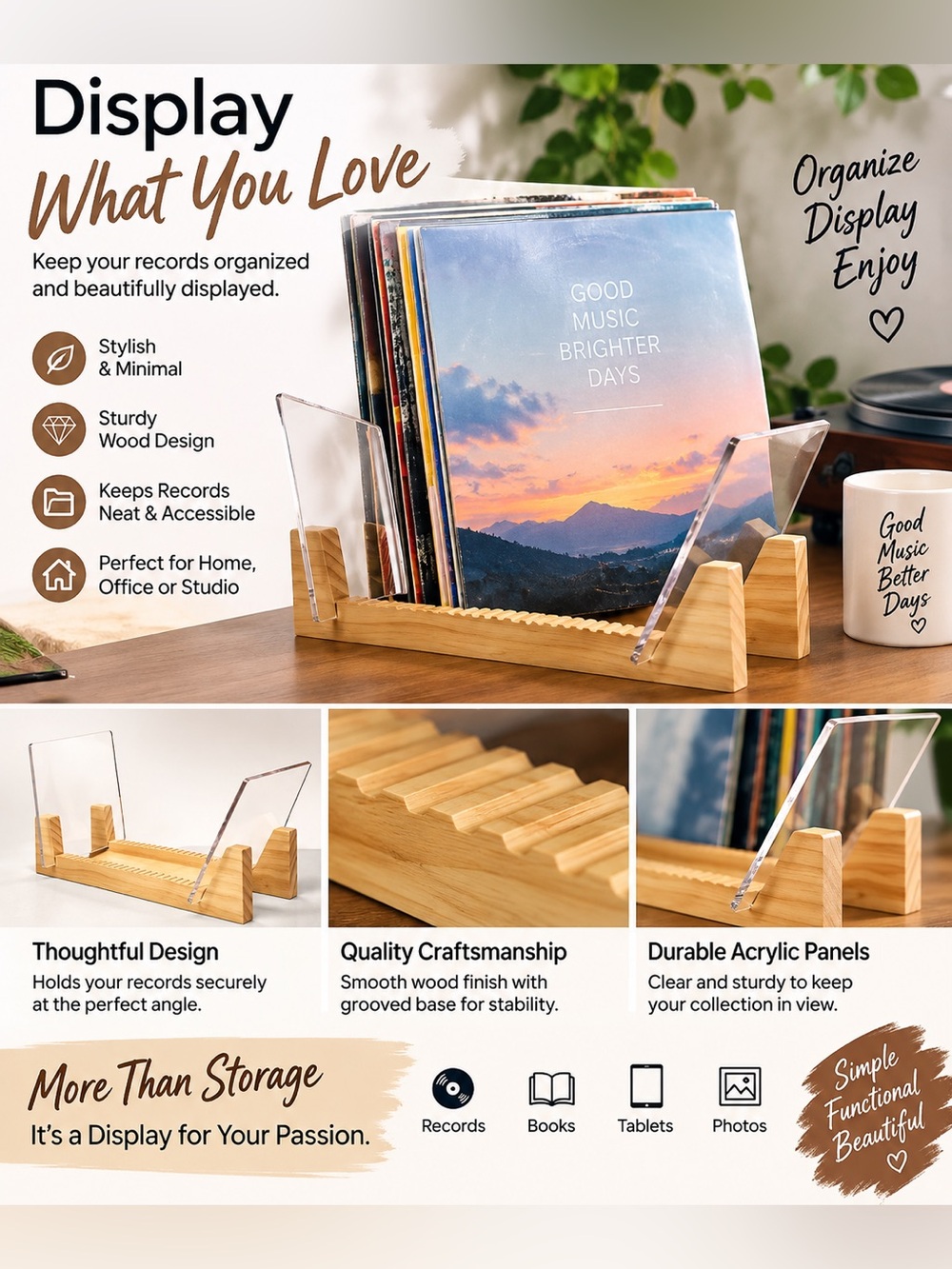 Natural Bamboo Record & Media Display Stand with Clear Acrylic Panels